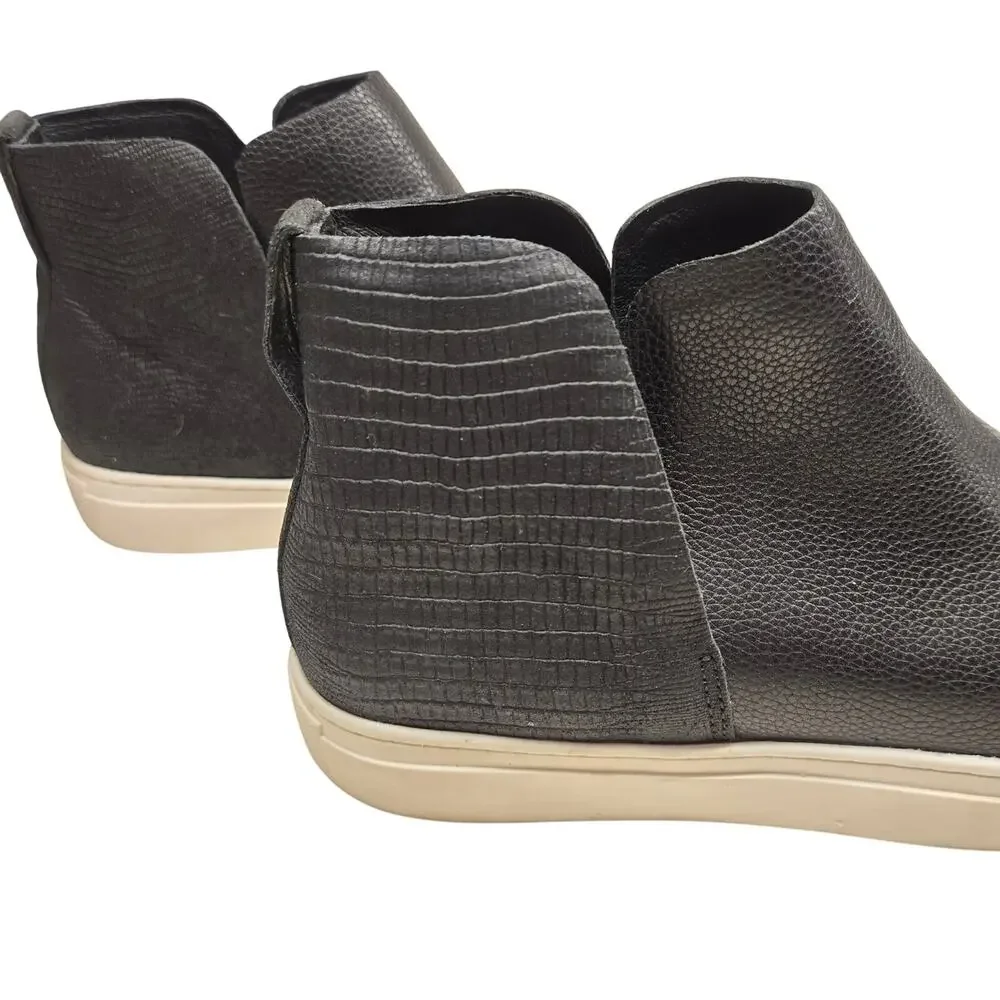 Birdies The Falcon Black Leather Slip-On Sneaker Bootie Hidden Wedge, Size 7.5